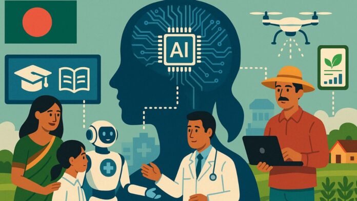 Illustration of AI integration in various sectors in Bangladesh, including education, healthcare, and agriculture