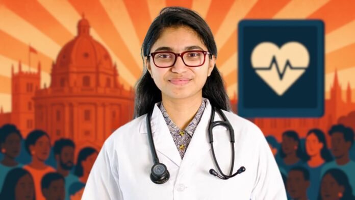 Portrait of Dr. Tasnim Jara speaking confidently at a global health summit, with elements of Oxford, NHS, and digital health visuals in the background