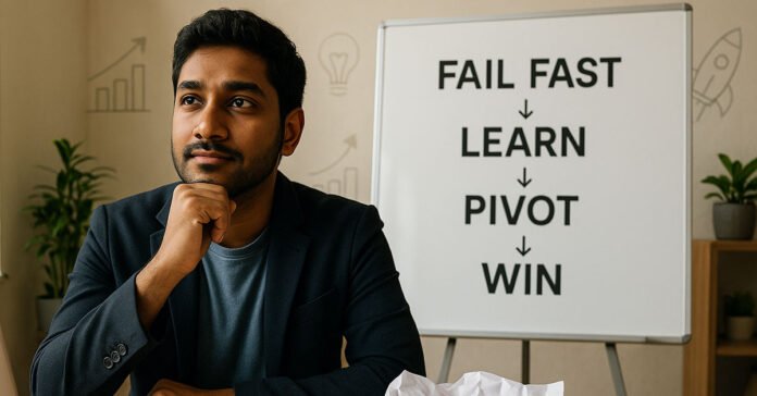 A young Bangladeshi entrepreneur sketching a business pivot plan on whiteboard after a failed startup attempt, symbolizing the fail fast approach