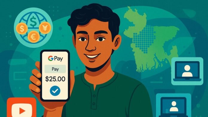 Google Pay interface with Bangladesh users using smartphones for digital payments