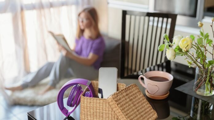 A young Bangladeshi woman sitting peacefully with a switched-off phone beside her and a cup of tea, symbolizing mobile detox and digital declutter