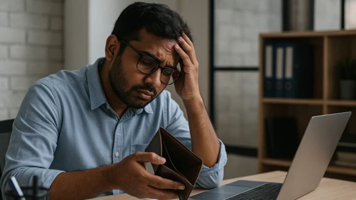 Illustration of a Bangladeshi middle-class man looking stressed with empty wallet at the end of the month