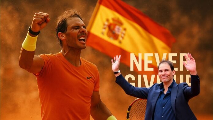 Rafael Nadal celebrating a win on clay court with the Spanish flag in hand, symbolizing strength, passion, and discipline