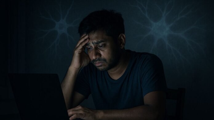 A tired South Asian man sitting in front of a laptop at midnight with dark circles, showing signs of brain fatigue due to lack of sleep