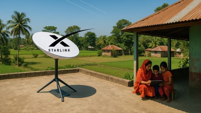 Starlink satellite dish installed on a rooftop in Bangladesh with rural landscape in the background
