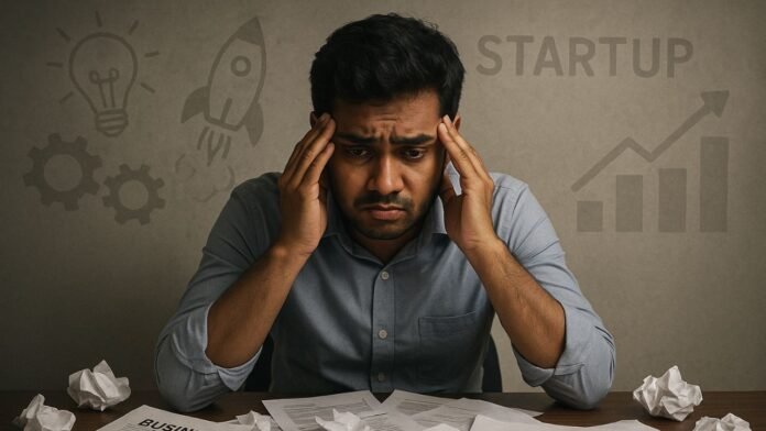 A frustrated young Bangladeshi entrepreneur sitting with a failed startup chart and scattered papers, symbolizing business failure
