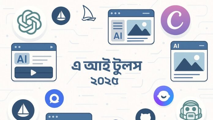 A colorful grid of popular AI tools for writing, design, video, and coding with Bangla interface elements