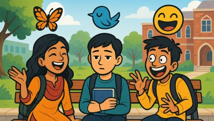 Three illustrated friend characters representing social butterfly, quiet observer, and funny surprise friend sitting together in a vibrant, youthful environment