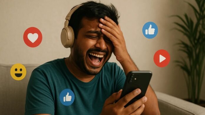 Young person looking at phone with social media icons around, feeling overwhelmed by viral content