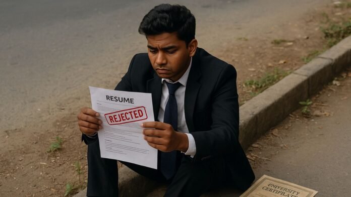 A sad Bangladeshi youth sitting with resume in hand after job rejection, symbolizing youth unemployment in Bangladesh