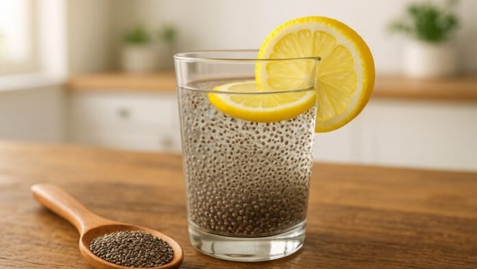 Chia seed in a spoon over wooden table with a glass of chia water in background – symbol of healthy diet