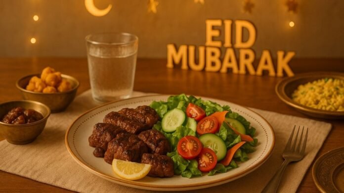Healthy Eid food plate with salad, grilled meat, and water on a traditional Bangladeshi dining table