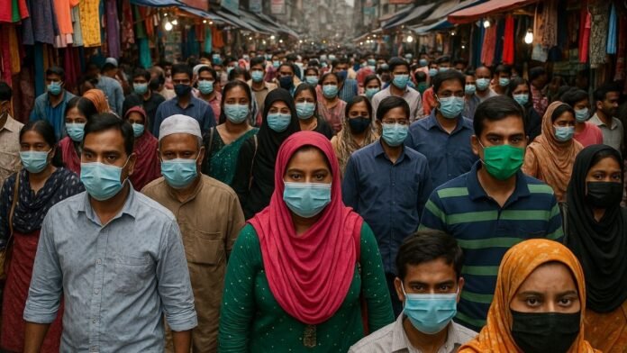People wearing masks in a crowded market in Bangladesh during a new wave of COVID-19