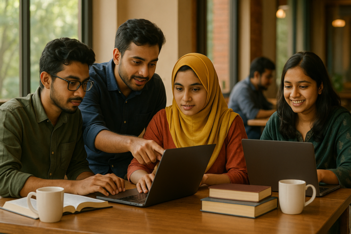Bangladeshi students learning and working on laptop for income