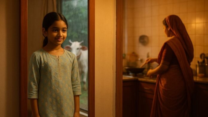 A teenage Bangladeshi girl standing by a window on a rainy Eid morning, helping her mother in the kitchen while wearing a stylish yet comfortable dress