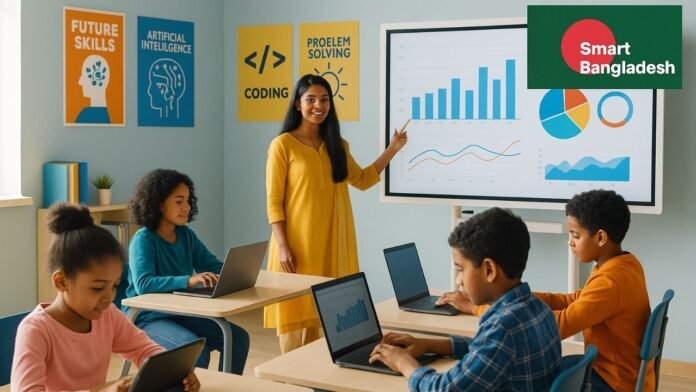 Bangladeshi classroom with students using tablets and a teacher guiding with a digital screen in the background
