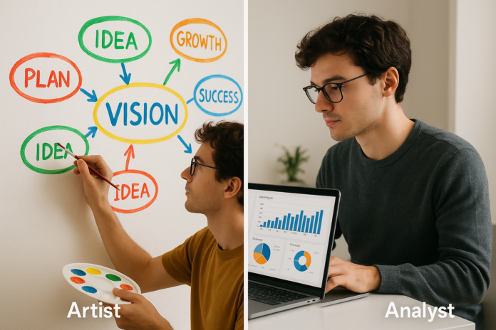 A thoughtful entrepreneur standing between a canvas and a whiteboard—representing the balance of artist and analyst mindset
