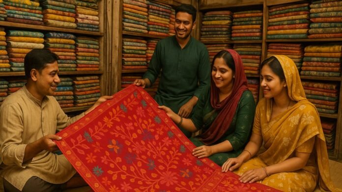 Colorful traditional Jamdani sarees displayed in a shop at Rupganj Jamdani Polli, with artisans weaving in the background