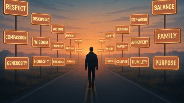 An illustration of a person walking through different stages of life, each step representing a life lesson or valuable experience