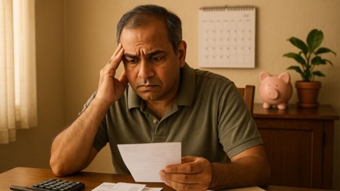 A Bangladeshi middle-class man calculating his monthly budget with a notebook and calculator at home