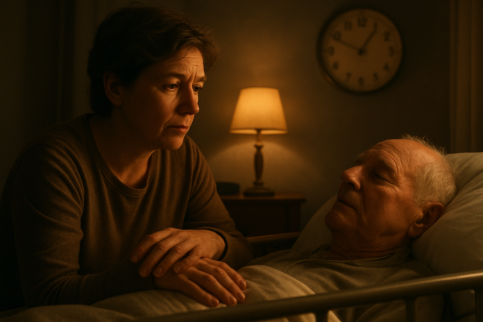 A middle-aged person sitting quietly beside elderly parents, expressing care and reflection