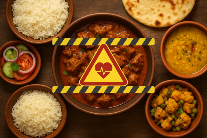 Traditional Bangladeshi beef curry in a bowl with warning signs about heart health