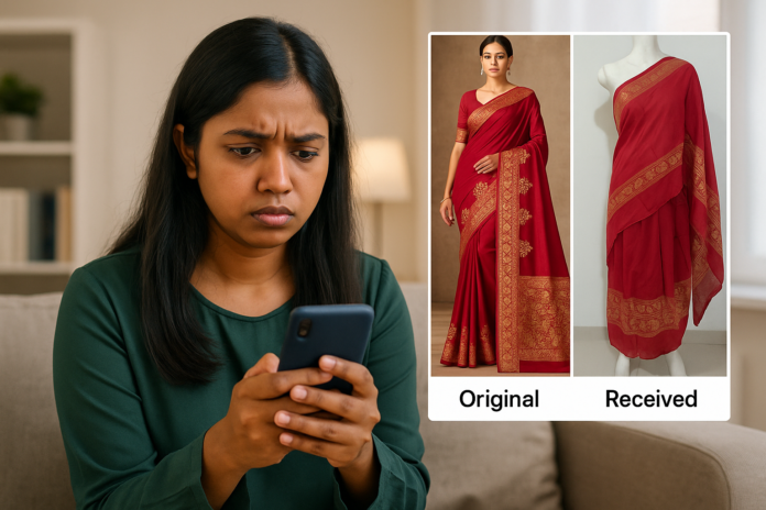 A Bangladeshi woman checking online reviews before purchasing a saree from a mobile
