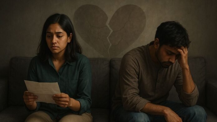 Sad Bangladeshi couple sitting apart in emotional distress, relationship conflict illustration
