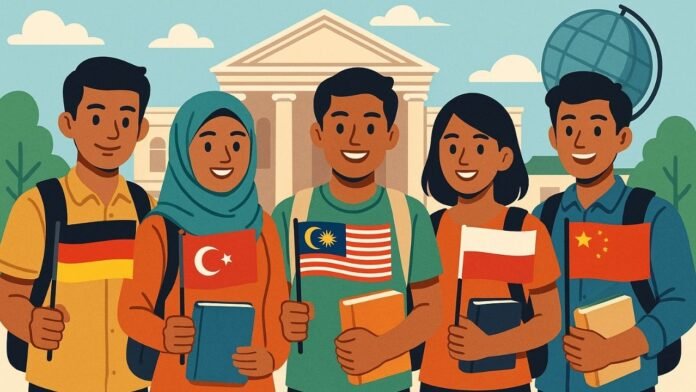 Young Bangladeshi students holding books and flags of Germany, Turkey, Malaysia, Poland, and China