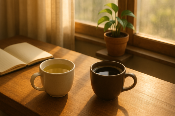 A cup of black coffee and a cup of green tea on a morning breakfast table with sunlight