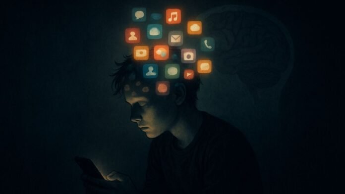A confused young person holding a phone, surrounded by floating app icons and a fading brain illustration