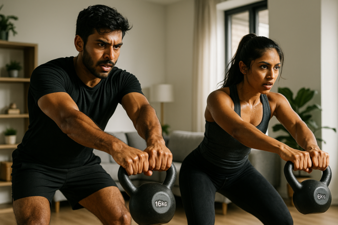 People doing kettlebell swing workout at home as part of viral 100 swing fitness challenge