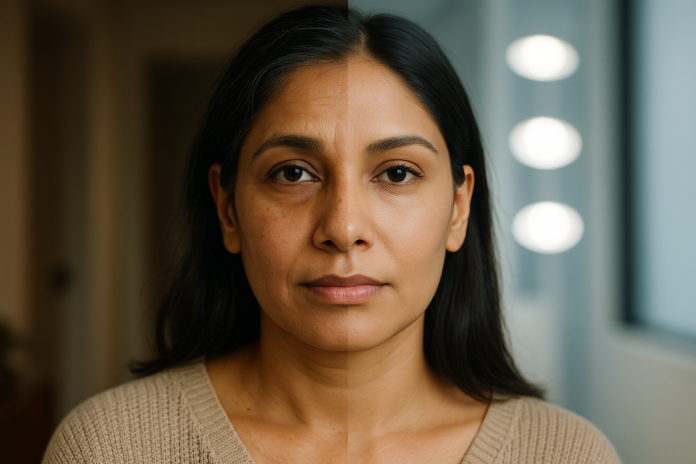 A middle-aged Bangladeshi woman looking at herself in the mirror, confused about anti-aging skincare options and injections.