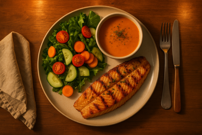 A healthy dinner plate with vegetables and soup served on a table at evening time.