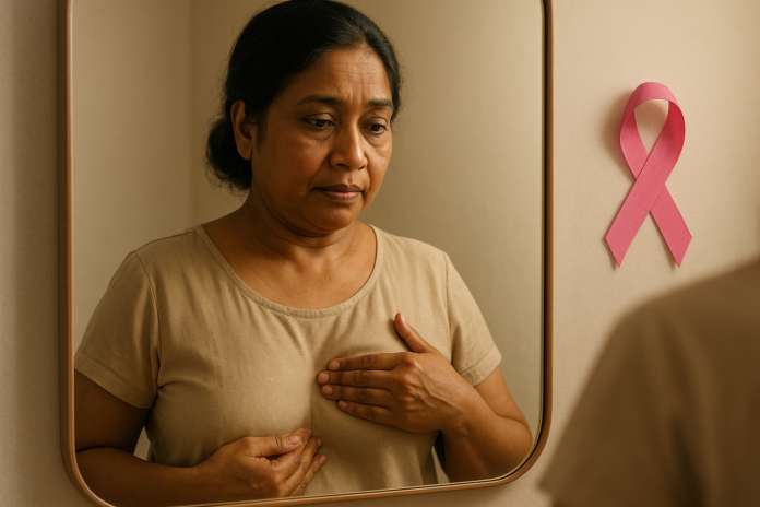 Bangladeshi woman checking breast health for early cancer detection