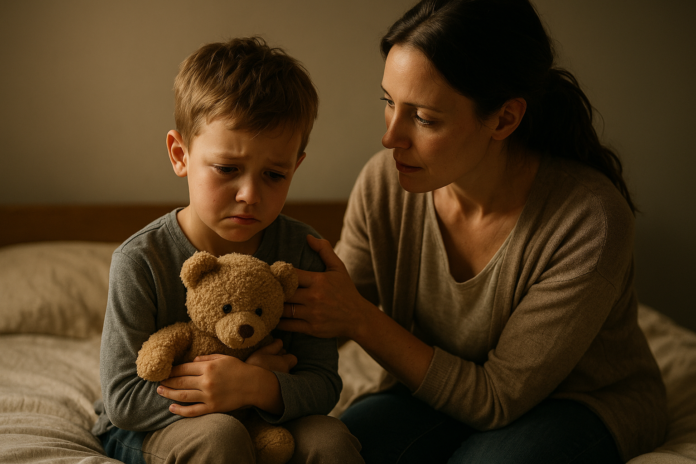 A worried child sitting on a bed with a soft toy, showing signs of trauma, while a mother comforts him.