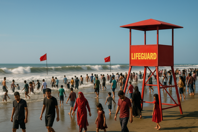 Crowded Cox’s Bazar beach with warning flags and lifeguard absence, symbolizing hidden danger for tourists
