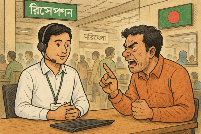 A customer service employee calmly responding to an upset customer in a restaurant or office setting in Bangladesh.