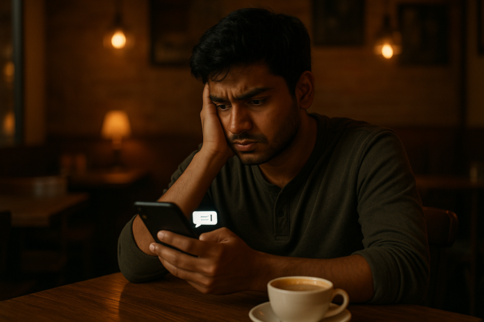 A thoughtful young South Asian man in a coffee shop staring at his phone with conflicted emotions, symbolizing emotional dilemma in a relationship