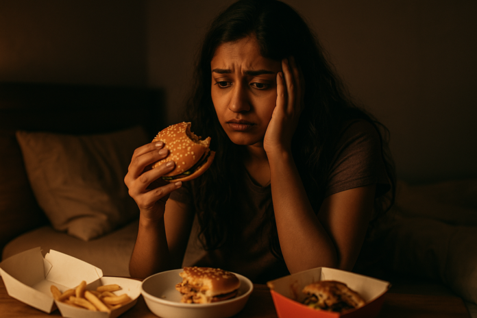 woman holding fast food during stress with regretful expression