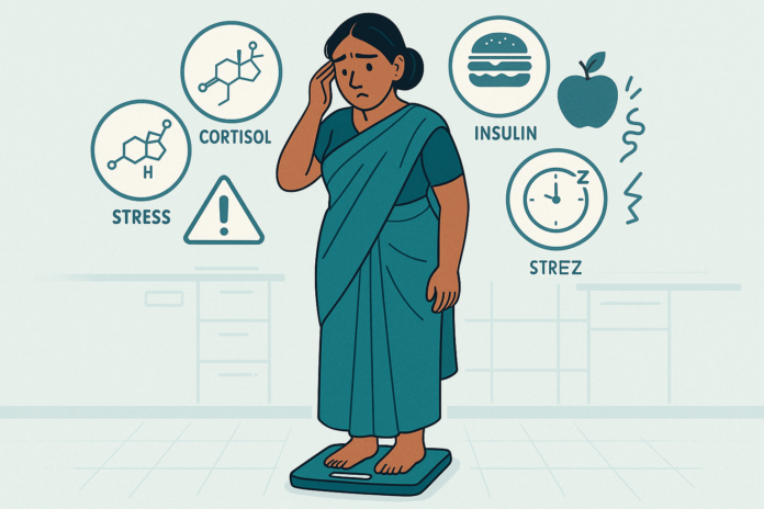 Bangladeshi woman looking concerned while standing on a weighing scale, holding her head, surrounded by food, water, and medical test icons