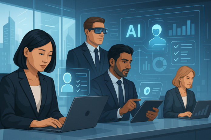 Illustration of global CEOs using AI tools like ChatGPT, Copilot, and Apple Intelligence in a modern office environment.