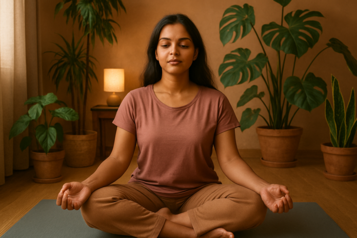 young South Asian woman meditating calmly with eyes closed in a peaceful home environment, surrounded by soft light and plants