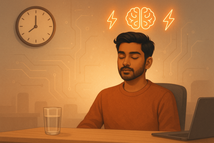 A focused young man sitting at a desk with a calm face, surrounded by icons of brain, clock, water, and healthy food—symbolizing intermittent fasting and mental clarity