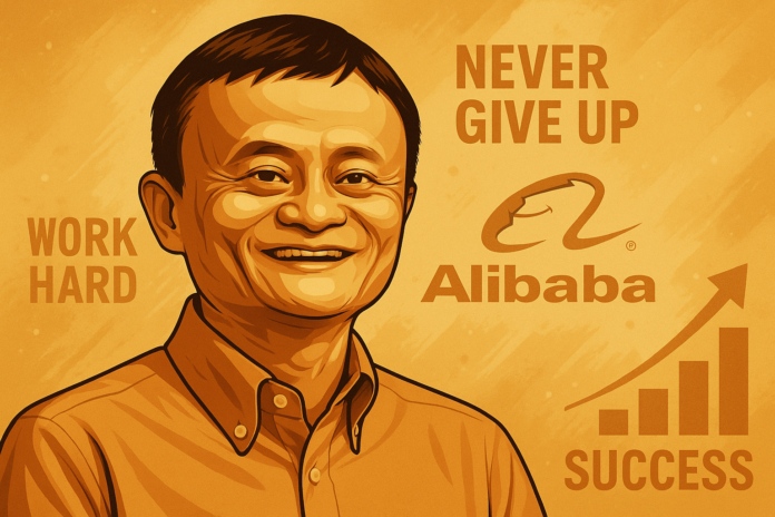 Jack Ma smiling with Alibaba logo in the background, symbolizing success after failures.