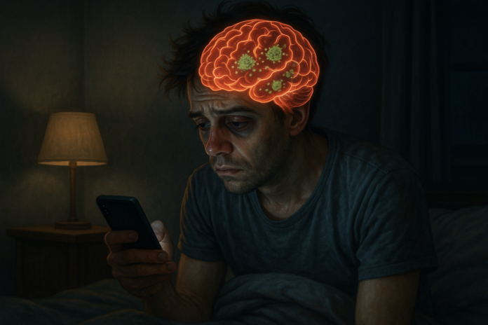 A tired man looking at his phone late at night with dark circles, symbolizing brain damage from lack of sleep.