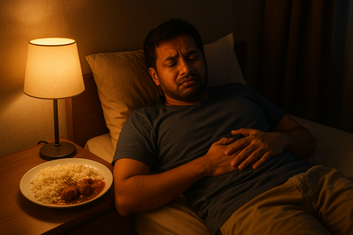 person lying on bed after eating heavy dinner, showing signs of discomfort and bloating