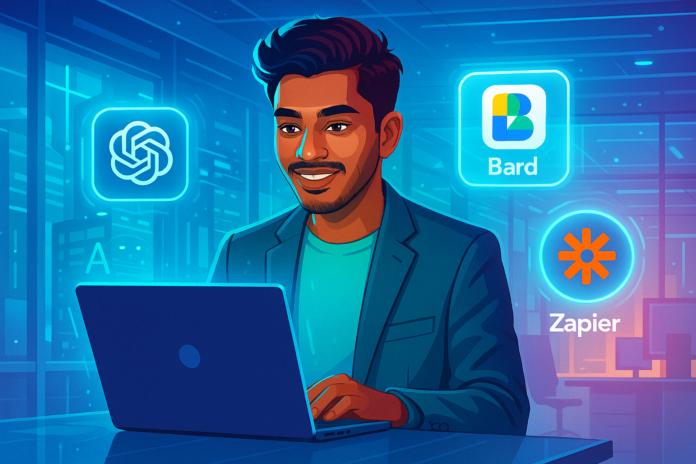 Professional using AI tools like ChatGPT, Bard, and Zapier for productivity
