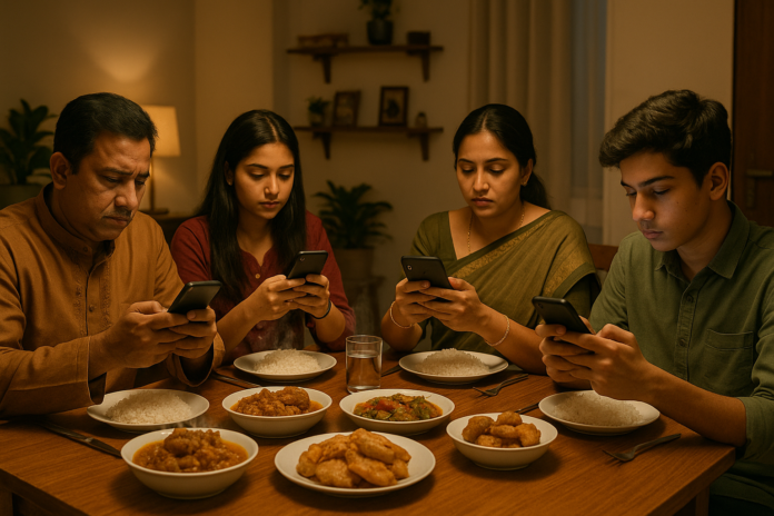 Family sitting at dining table distracted by mobile phones