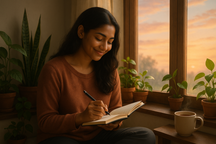Young Bangladeshi woman smiling softly while writing in a gratitude journal at sunrise, surrounded by books and greenery, symbolizing positive thinking habits